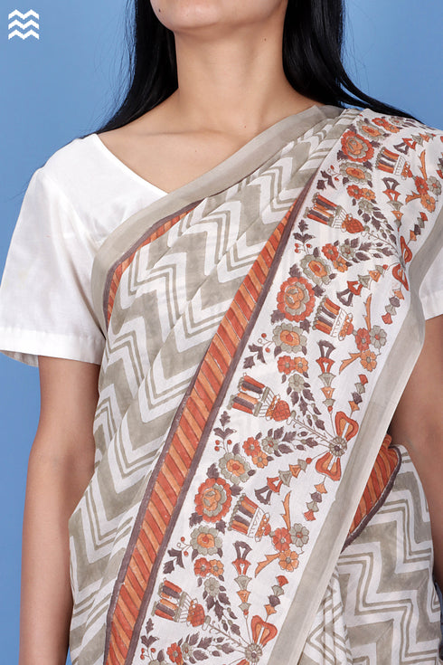 Mulmul Cotton Saree With Fall In Zigzag Block Print